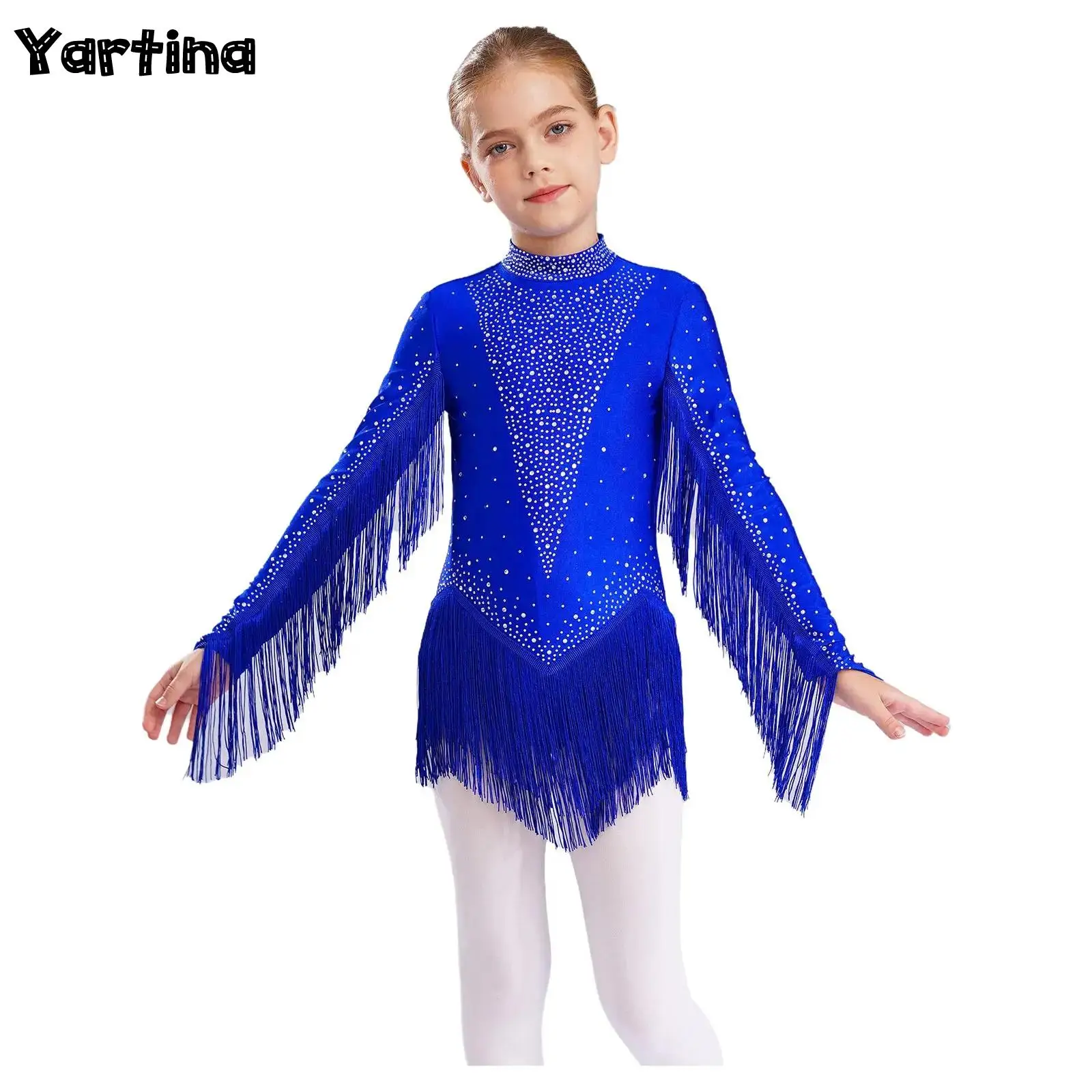 

Kids Girls Tassels Latin Ballet Dance Fringe Bodysuit Jumpsuit Sparkling Rhinestones Gymnastics Leotard Figure Skating Costumes