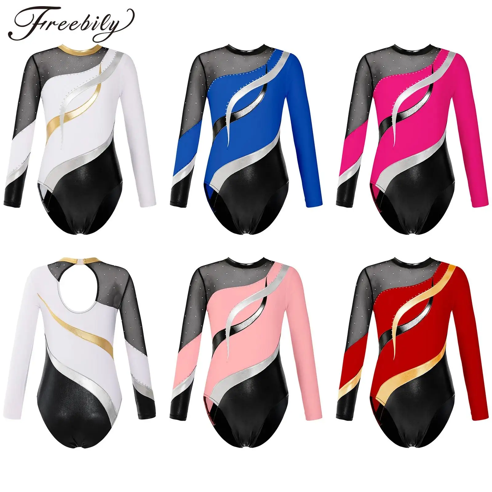 

Children's Gymnastics Jumpsuit for Girls 16 Teens Ballet Dance Leotard Dancewear Kids Long Sleeve Patchwork Skating Bodysuit