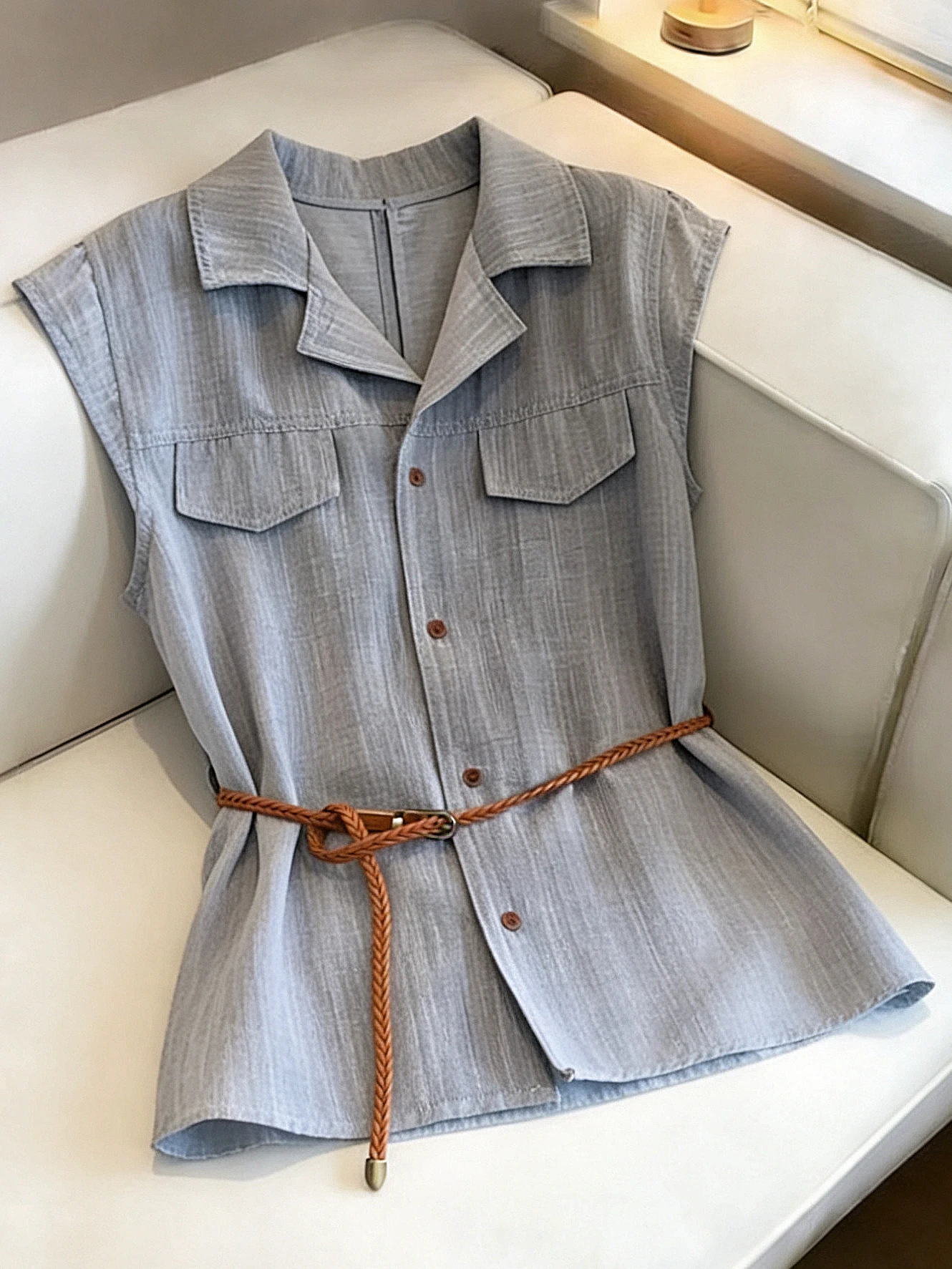 

Blue V-neck Short Sleeve Shirt Women's plus Size Belted Waist Slimming Top Korean Style Commute Fashion Loose Fit Shirt
