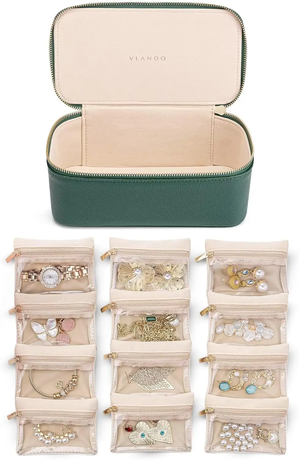 

Jewelry Travel Case,Travel Jewelry Organizer with Clear Velvet Jewelry Bags 12Pcs Zipper Pouch for Women Girl Gift-Green