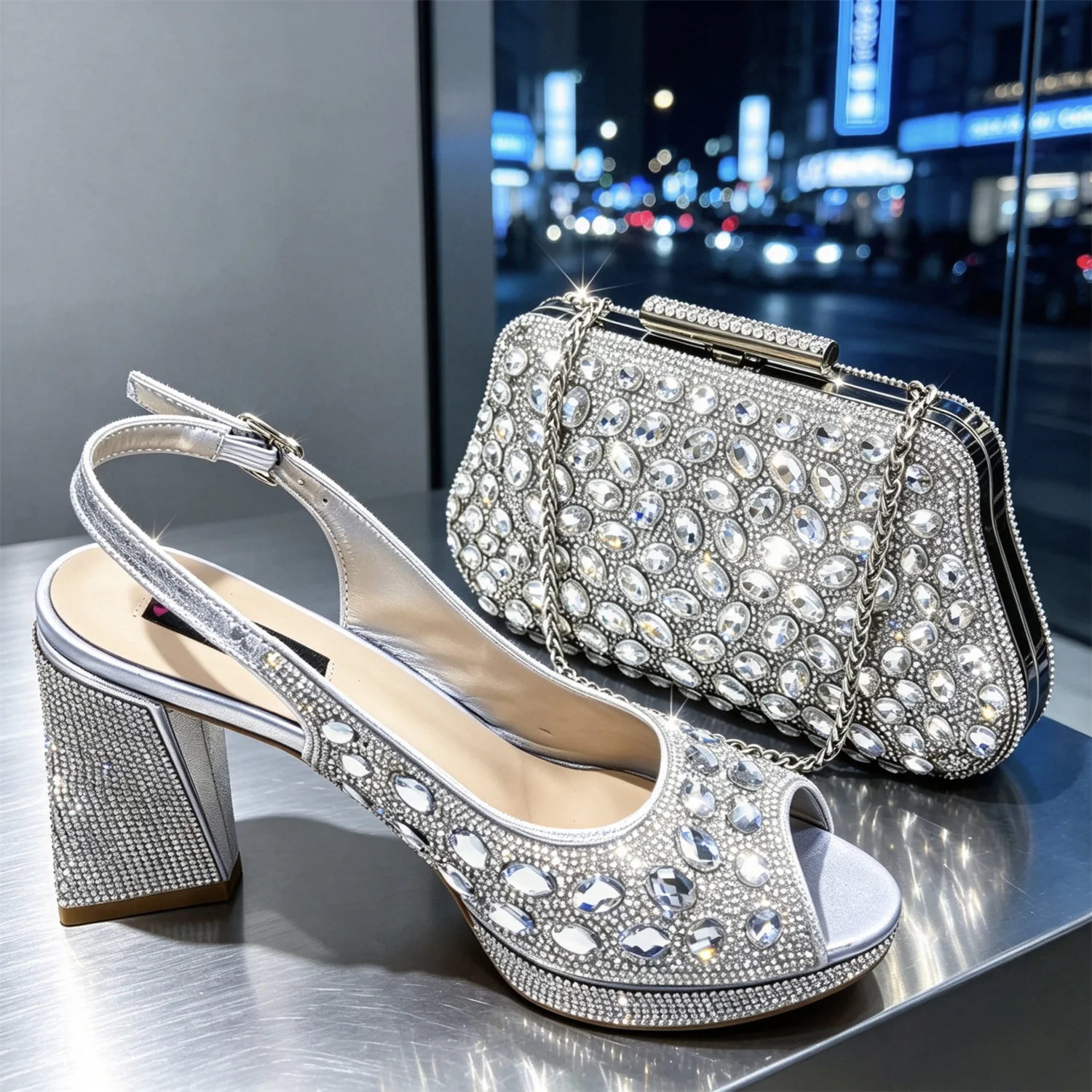 Women's Elegant Magenta Sparkly Rhinestones Chunky-Heels Slingbacks Peep Toes Sandals And Clutch Bag Set Wedding And Party Shoes image 3
