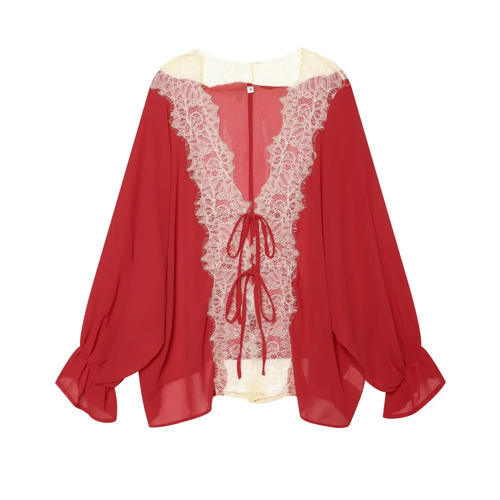 Lace Patchwork Crop Top Lantern Sleeve Sheer Blouse Elegant Style for Women - Red