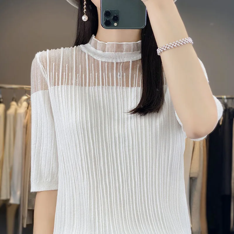 2023 Summer New Ougen Yarn Spliced Ice Silk Wave Pattern Wooden Ear Collar Versatile Short Sleeve Slim Fit Knit Women's Top