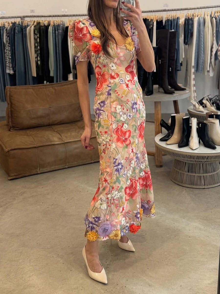 VGH Elegante Gespleißt Sheer Mesh Kleid für Frauen Quadrat Kragen Kurzarm Hohe Taille Druck EINE Linie Abendessen Kleider Weibliche Neue