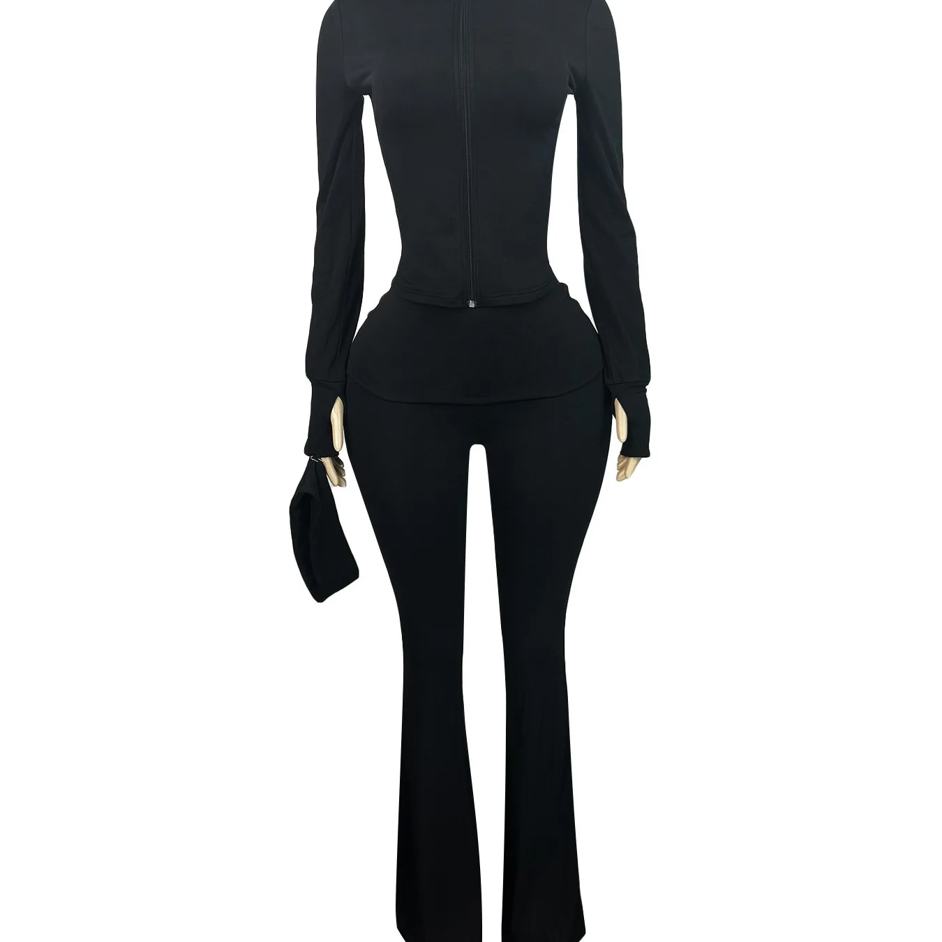 Women Two Pieces Pant Sets Solid Matching Sets Zipper Long Sleeves Stand Collar Top Elastic Waist Full Length Pants 2026 Autumn