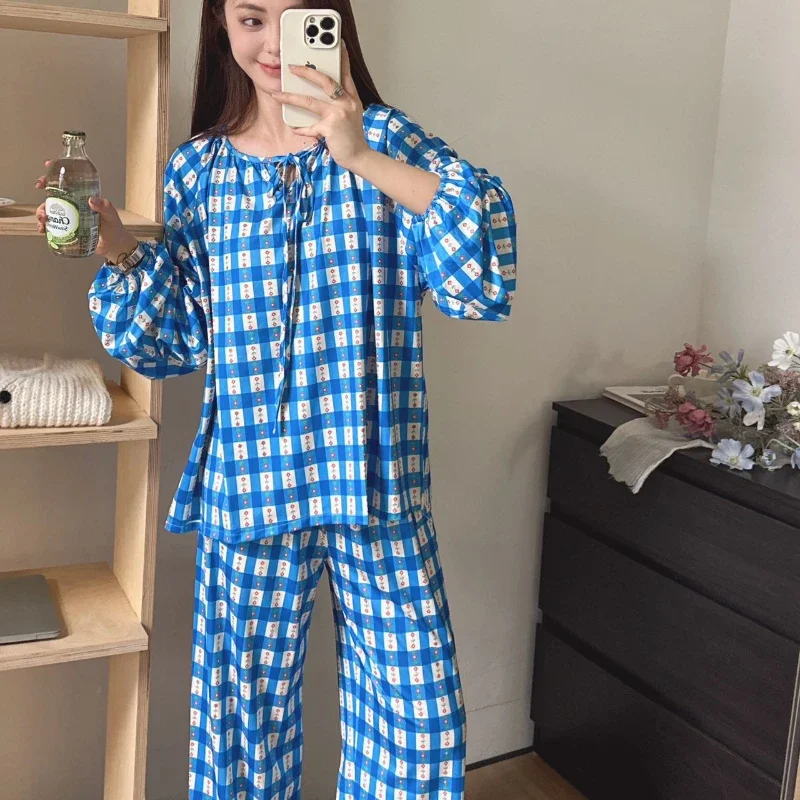 Pajama Sets Women Bandage Design All-match Ins O-neck Printed Vintage Loungewear Trendy Popular Classic Aesthetic Korean Fashion