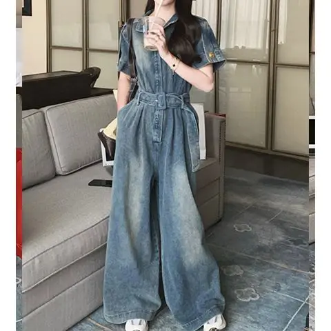 

European and American style high-end denim jumpsuit spring fashion casual slim fit jumpsuit trendy streetwear