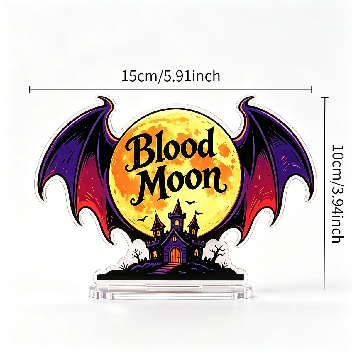 Halloween Blood Moon Shaped Acrylic Ornament with Castle Pattern, Desktop Decoration, Holiday Gift Decoration