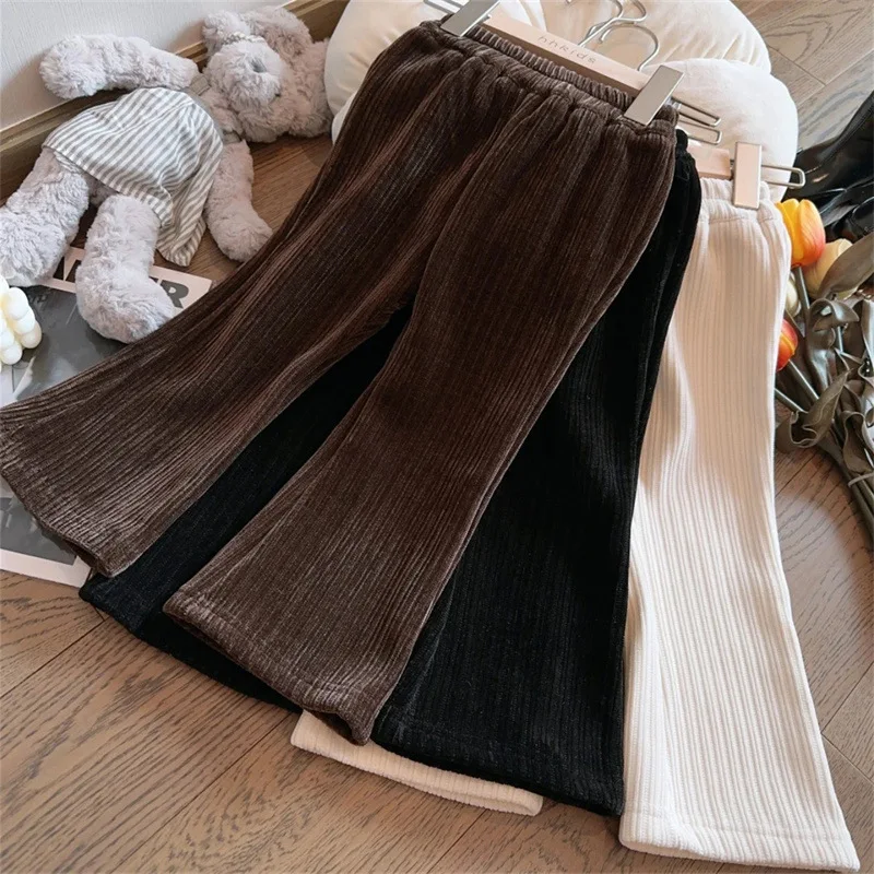 

Autumn and Winter New Baby Fleece-Lined Casual Trousers Korean Style Girl Western Style Fashion Chenille Straight-Leg Pants Chil