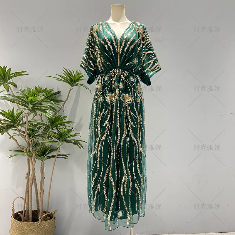 Imagem -02 - Vestido Longo de Lantejoulas Elegante para Mulheres Vestidos Florais Frisados Decote em v Manga Curta Indústria Pesada Novo Primavera e Verão