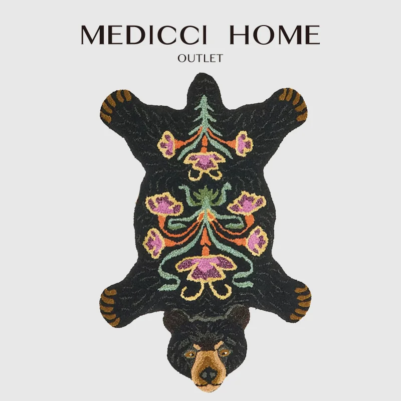 Medicci Home Boho Blooming Black Bear Rug Animal Shaped Carpet Hand Tufted Area Rugs Artisanal Craft Morroccan Doormat 80x120cm