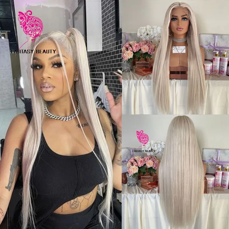 Glueless Long Icy Platinum Blonde Synthetic Hair 13x4 Lace Front Wigs for White Women 26Inches Transparent Silky Straight Wigs