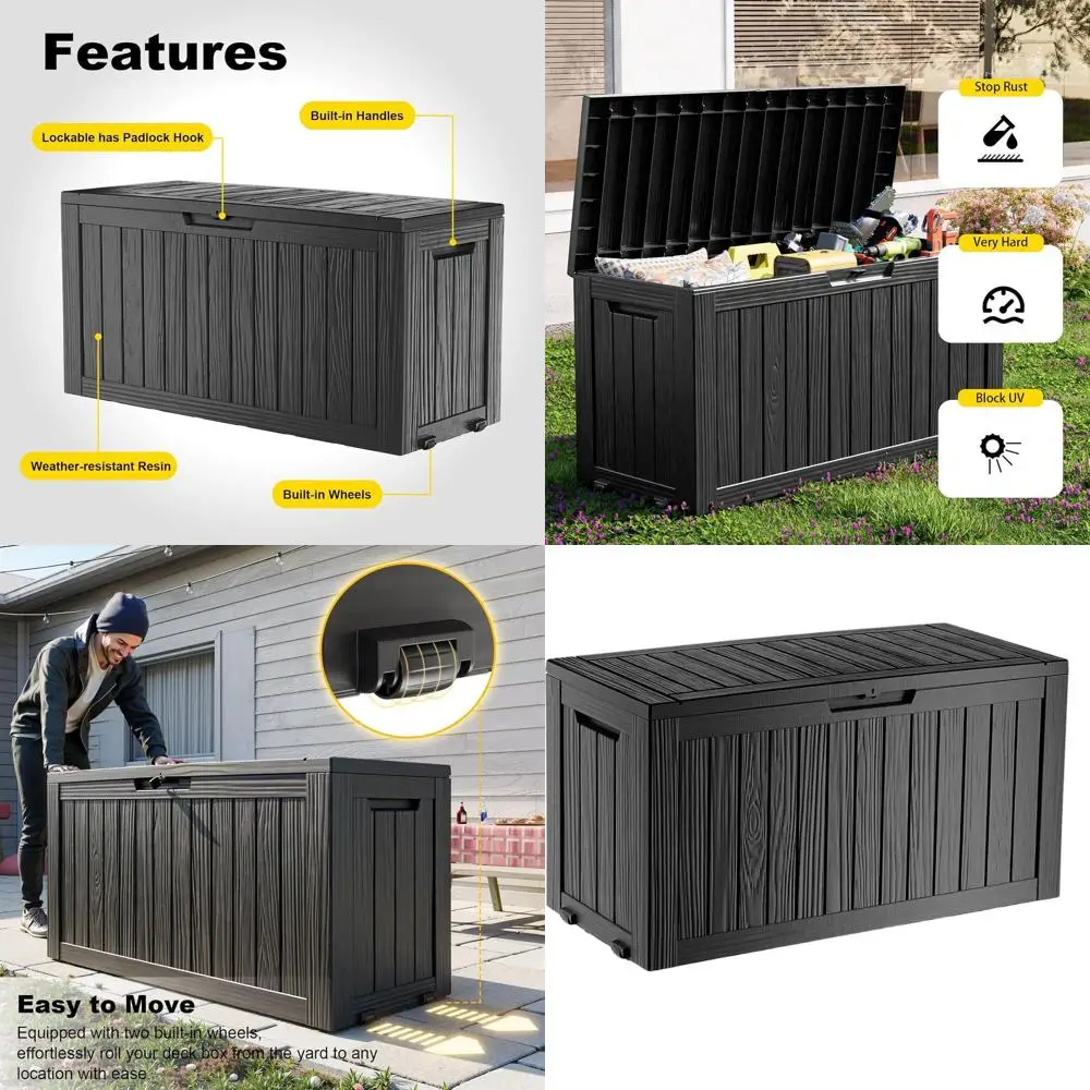 

Ящик для хранения на открытом воздухе с замком, 75 галлонов, для патио, сада и инструментов для бассейна - черный