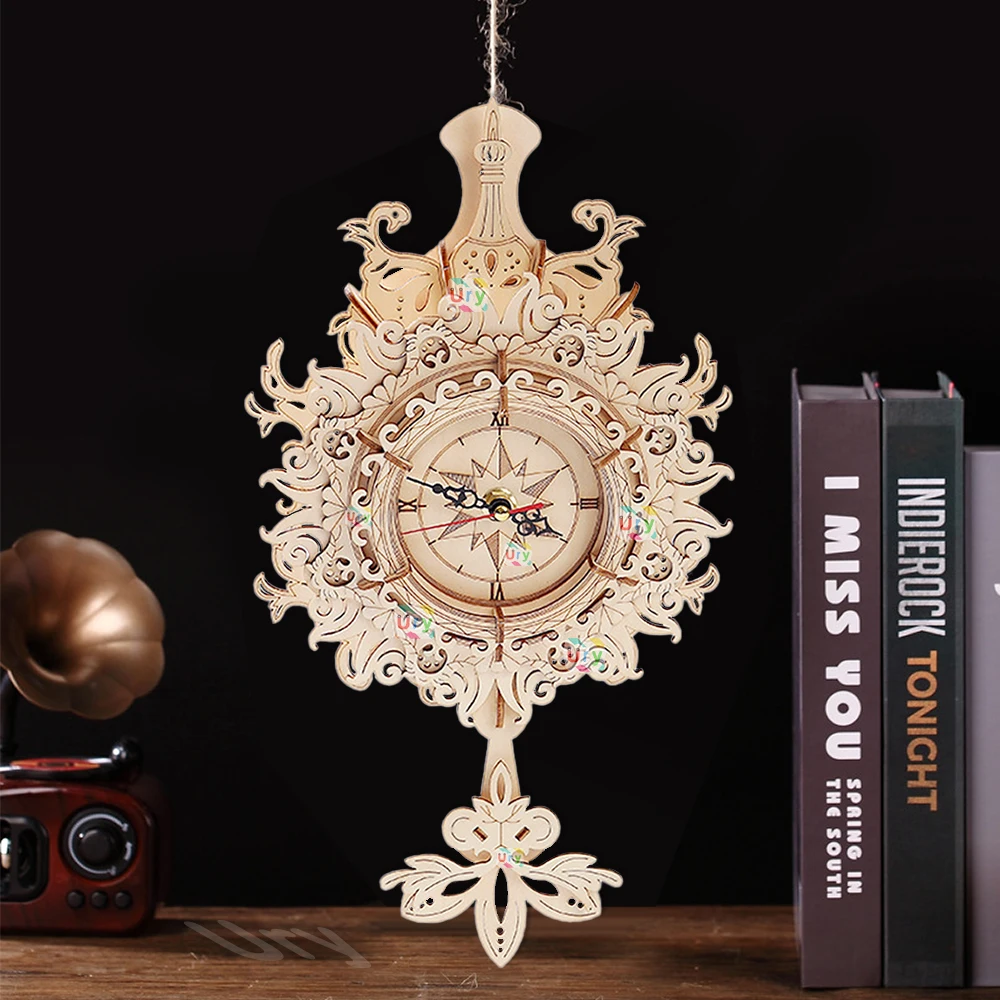 URY 3D Wooden Puzzle Retro Wall Clock Mechanical Model Building Luxurious Style Pendulum Assembly Home Decoration for Kids Gifts