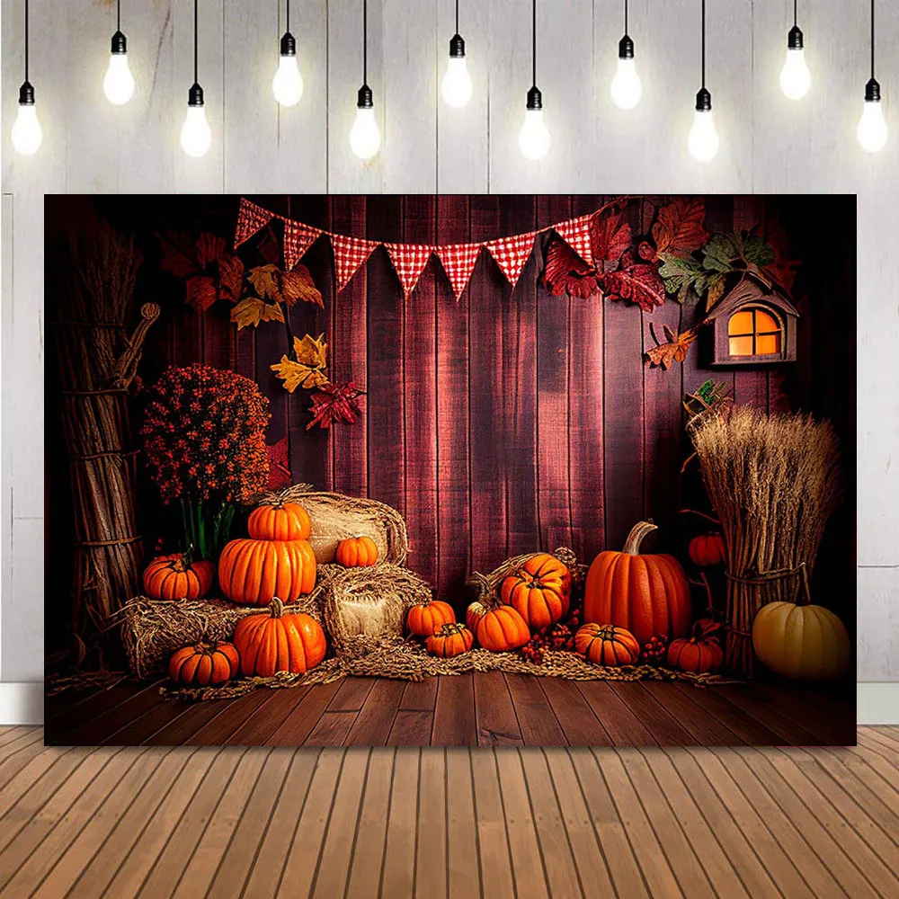 Autumn Pumpkin Backdrop for Photography Newborn Kids Warehouse Wood Portrait Photographic Background Haystack Fall Maple Leaves