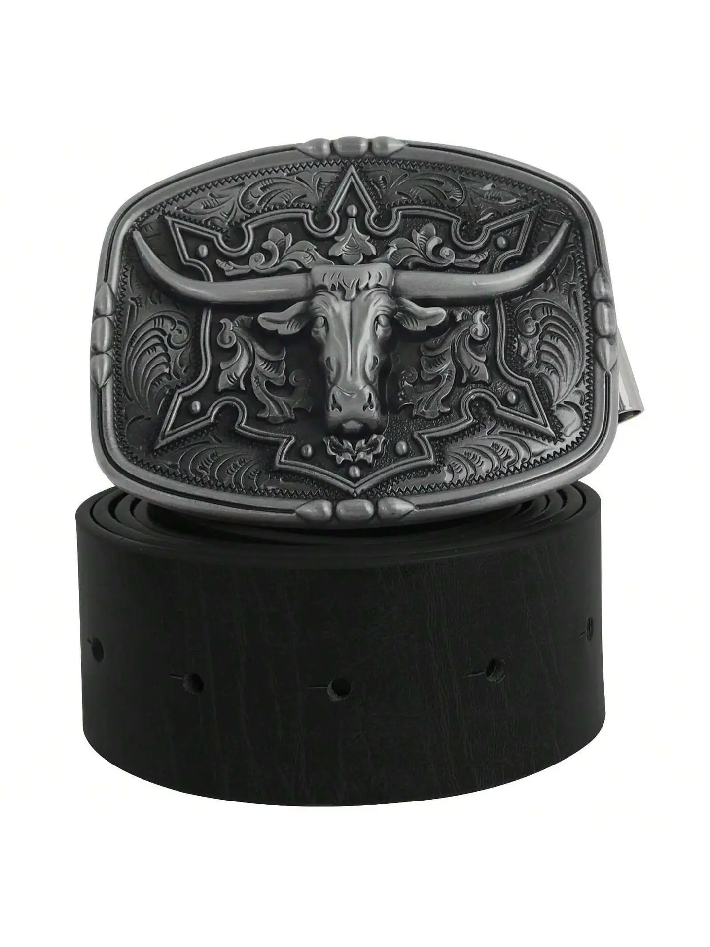 Mens Belt Western Cowboy Style Leather Belt Retro Adjustable Buckle Belt With Longhorn Bull Buckle Pattern Floral Belt For Men