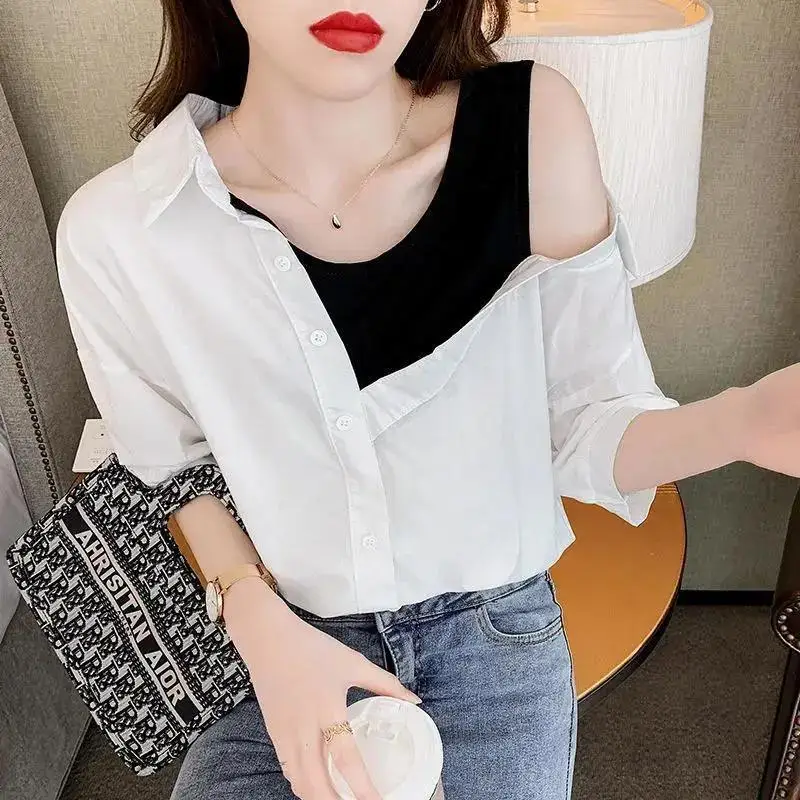 

Contrasting Colors Asymmetrical Short Sleeve Shirt Women 2024 Summer Niche Off Shoulder Strapless Loose Single-breasted Tops