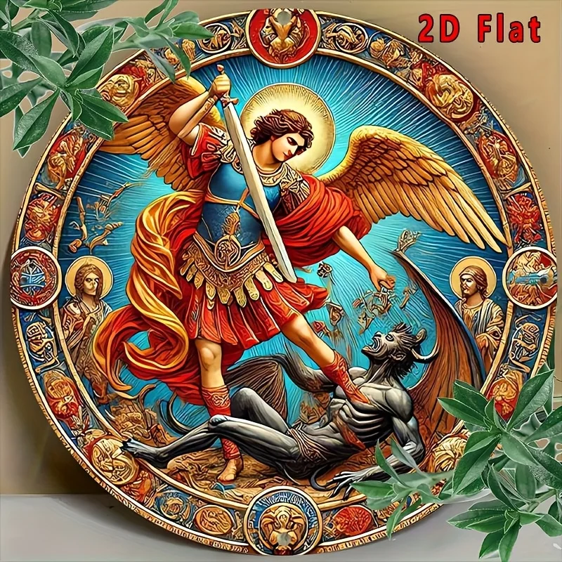 2D Flat, Vintage Round „Archangel Michael Defeats the Demon“ Metallwandkunst – 20,32 x 20,32 cm Aluminium-Blechschild, Good vs Evil Bat