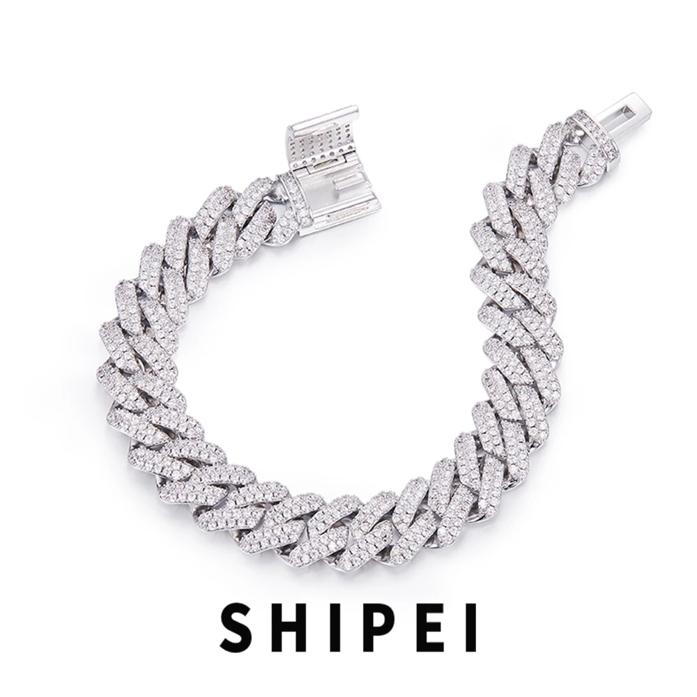 

SHIPEI Hip Hop 925 Sterling Silver VVS1 D Real Moissanite Diamonds Gemstone 14MM Miami Cuban Chain Bracelet Necklace Jewelry GRA