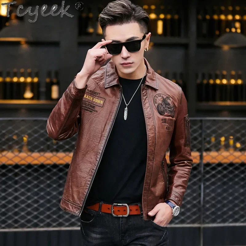 Tcyeek Gneuine Leather Jacket Men Oil Wax Sheepskin Coats Streetwear Mens Leather Jacket Autumn Motocycle Clothes Embroidery