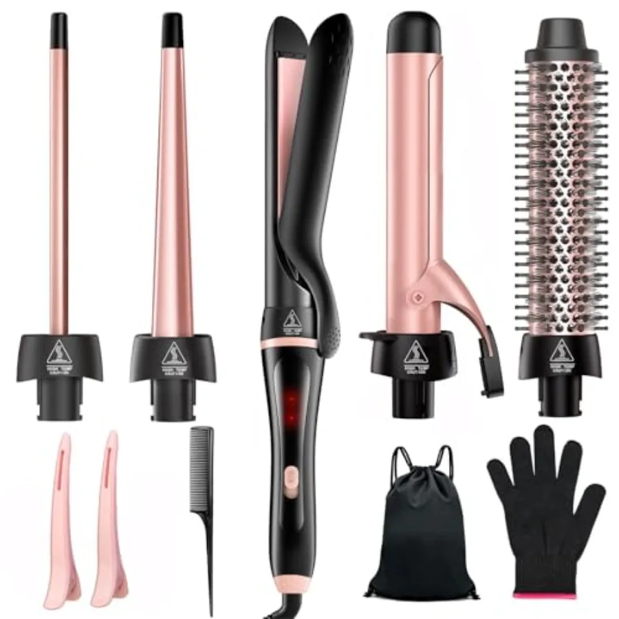 

5 in 1 Curling Iron, Curling Wand Set with Thermal Brush Flat Iron Hair Straightener Interchangeable Ceramic Barrels 0.35"-1.25