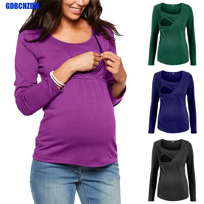 

New Casual Womens Pregnant Maternity Clothes Nursing Tops Breastfeeding T-Shirt Pregnancy Maternity Breastfeeding Solid Color