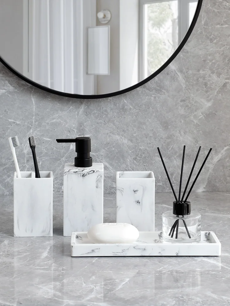 Bathroom Accessories Vanity Countertop Accessory Set Marble Look Lotion Dispenser Tumbler Toothbrush Holder Tray