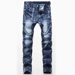New Men's Personalized Fashion Jeans Blue High Street Motorcycle Casual Denim Trousers Male Stretch Straight Slim Fit Jeans