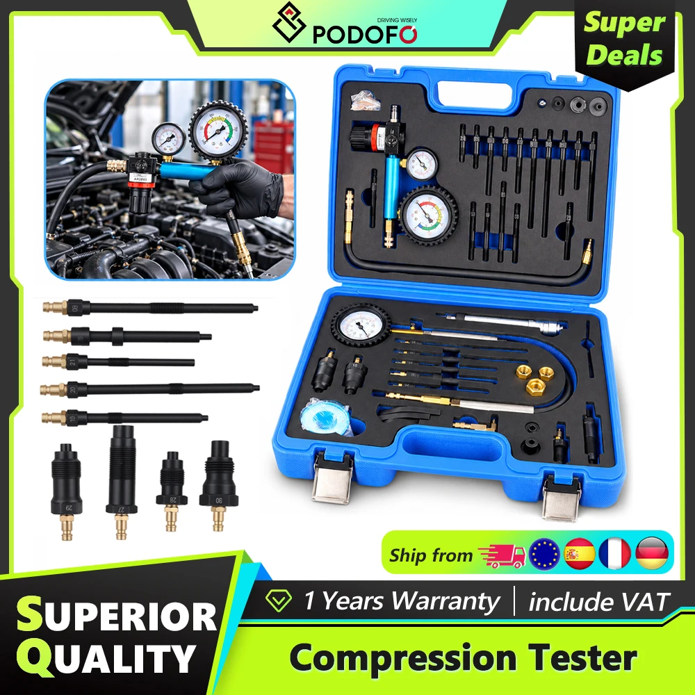Podofo 46PCS Kit di Accessori per Tester di Compressione, Kit per Test di Perdite, Tester di Perdita di Pressione, Tester per Motori di Veicoli Diesel e Benzina