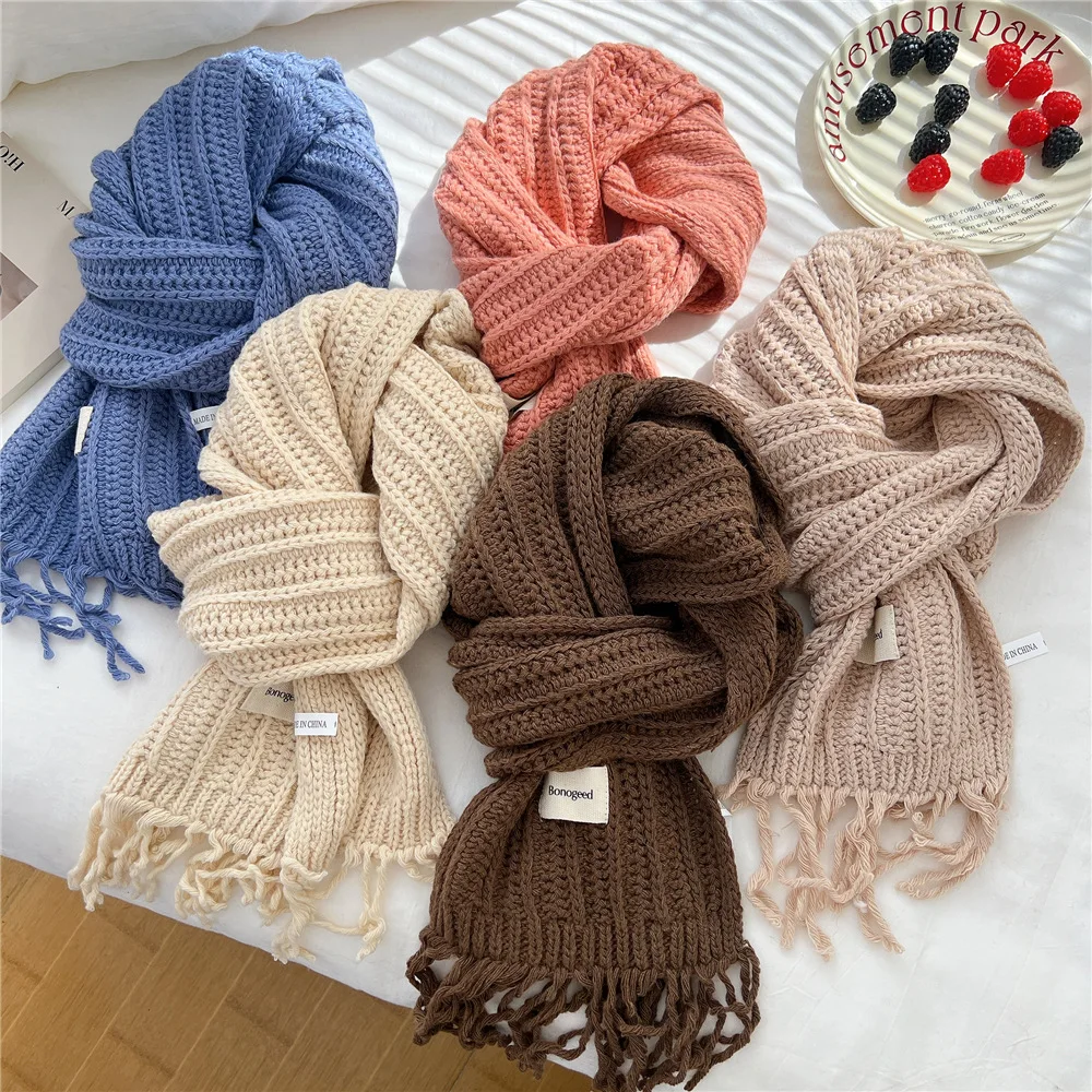 Fashion Thick Wool Knitted Scarves Plain Solid Tassel Shawls And Wraps Pashmina Stole Perfect for Autumn & Winter Style 166*30Cm