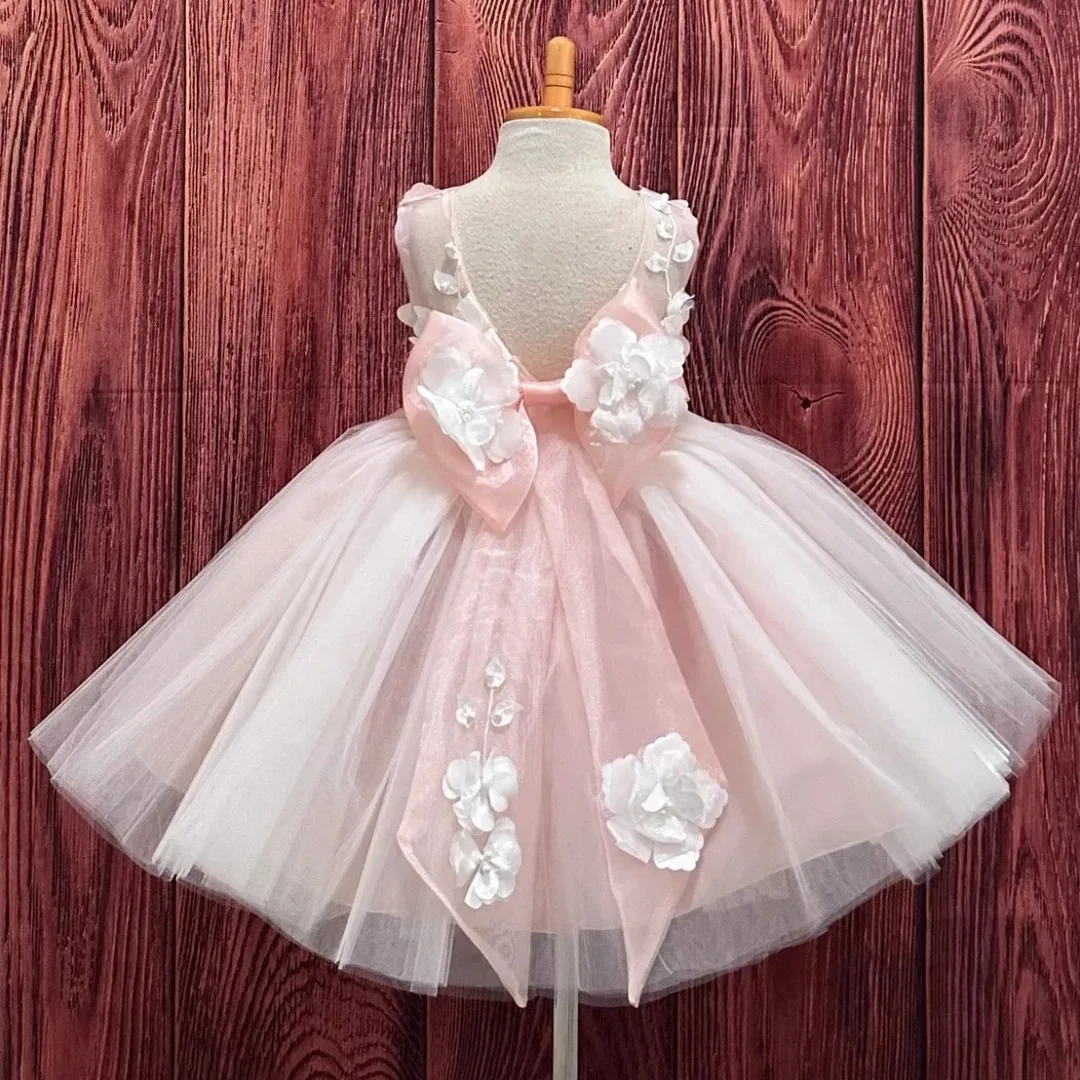 

Платье для девочки на заказ с розовыми и белыми цветочными аппликациями, бантом, без рукавов, подходит для свадеб и дней рождения