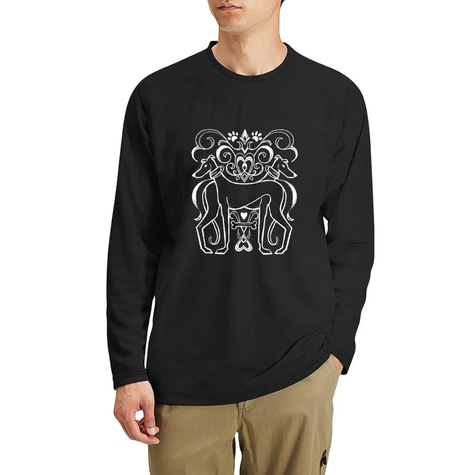 Camiseta larga con escudo de galgo Damasco elegante en blanco y negro, camiseta de secado rápido, ropa estética, ropa hippie, ropa para hombres