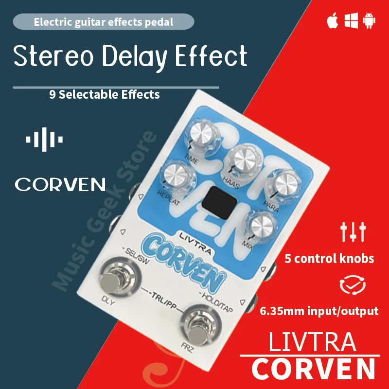 Pedal de Delay Estéreo LIVTRA CORVEN, 9 Algoritmos, I/O Estéreo Real, Tap Tempo, Grabación USB, para Guitarra Eléctrica, Escenario y Estudio