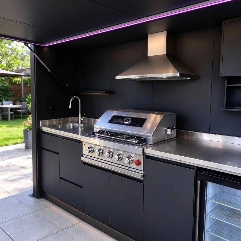 Custom Outdoor Bar Kitchen Cabinet with Grill, Sink, Serving Counter & Glass Door Refrigerator