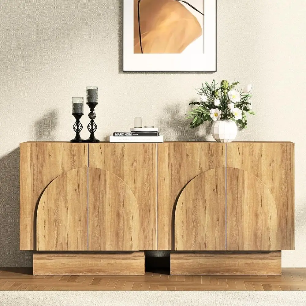 

Natural Sideboard Buet Cabinet with Storage, Entryway Accent Cabinet with Arched Doern Coee Bar Station TV Stand Wood Media ole