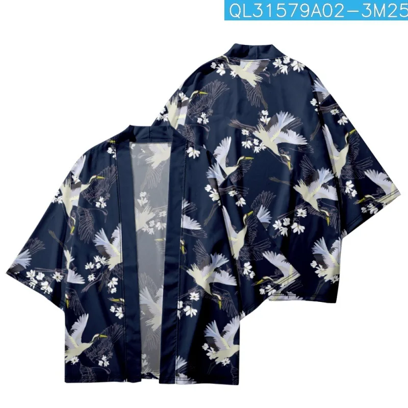 

Traditional Japanese Couple Women Men Streetwear Floral Crane Printed Kimono Beach Shorts Cardigan Yukata