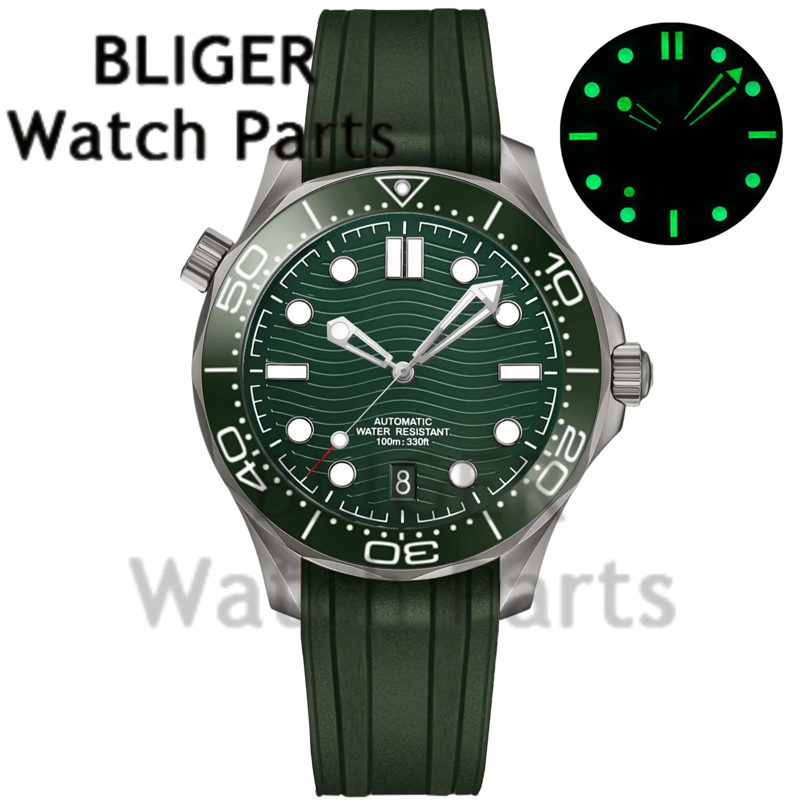 Customizable DIY 41mm Titanium Steel Diving Wristwatch NH35A Mechanical Men Watches 6 o'clock Date Rubber Bracelet Roating Bezel view 3