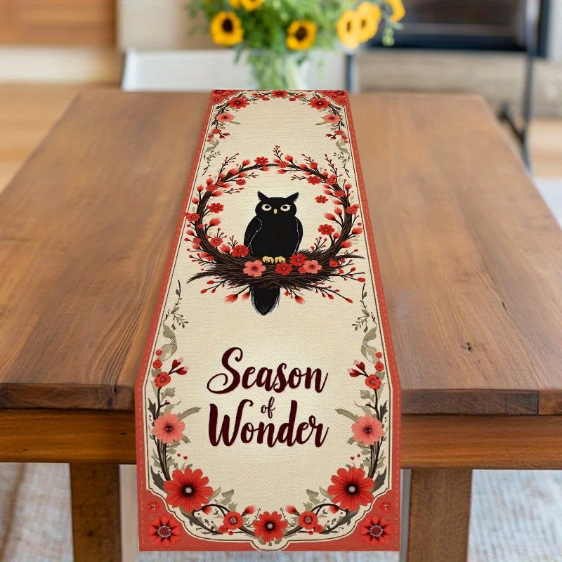 1 camino de mesa temático de Halloween con guirnalda de búho negro y texto "Season of Wonder", adecuado para fiestas, restaurantes, hogares, mercados y escenas de decoración navideña.