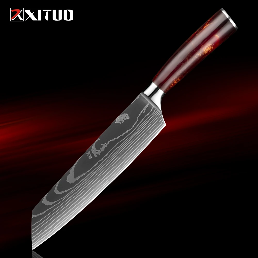 High Carbon Steel Kiritsuke Chef Knife 8 inch kitchen Knives Sharp Kitchen Meat Sushi Cutting Cleaver Knife Red Resin handle