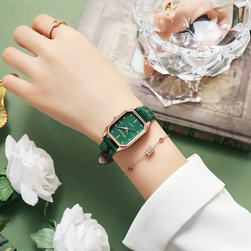 Reloj de cuarzo para mujer, pulsera de esfera verde, esfera Simple de oro rosa, malla de lujo, relojes de marca, relojes cuadrados de moda