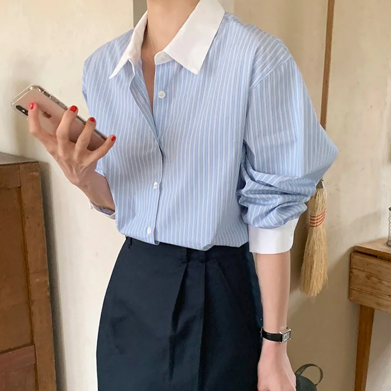 Striped Shirt Women Contrast Color Casual Blouse Female Lapel Long Sleeve Chic Shirts Ladies Fashion Loose Office Shirt Spring