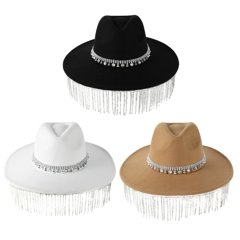 Black Cowboy Hat for Womens, with Glitter Rhinestones Fringe Cowboy Hat, Cowgirl Hat for Bachelorette Parties