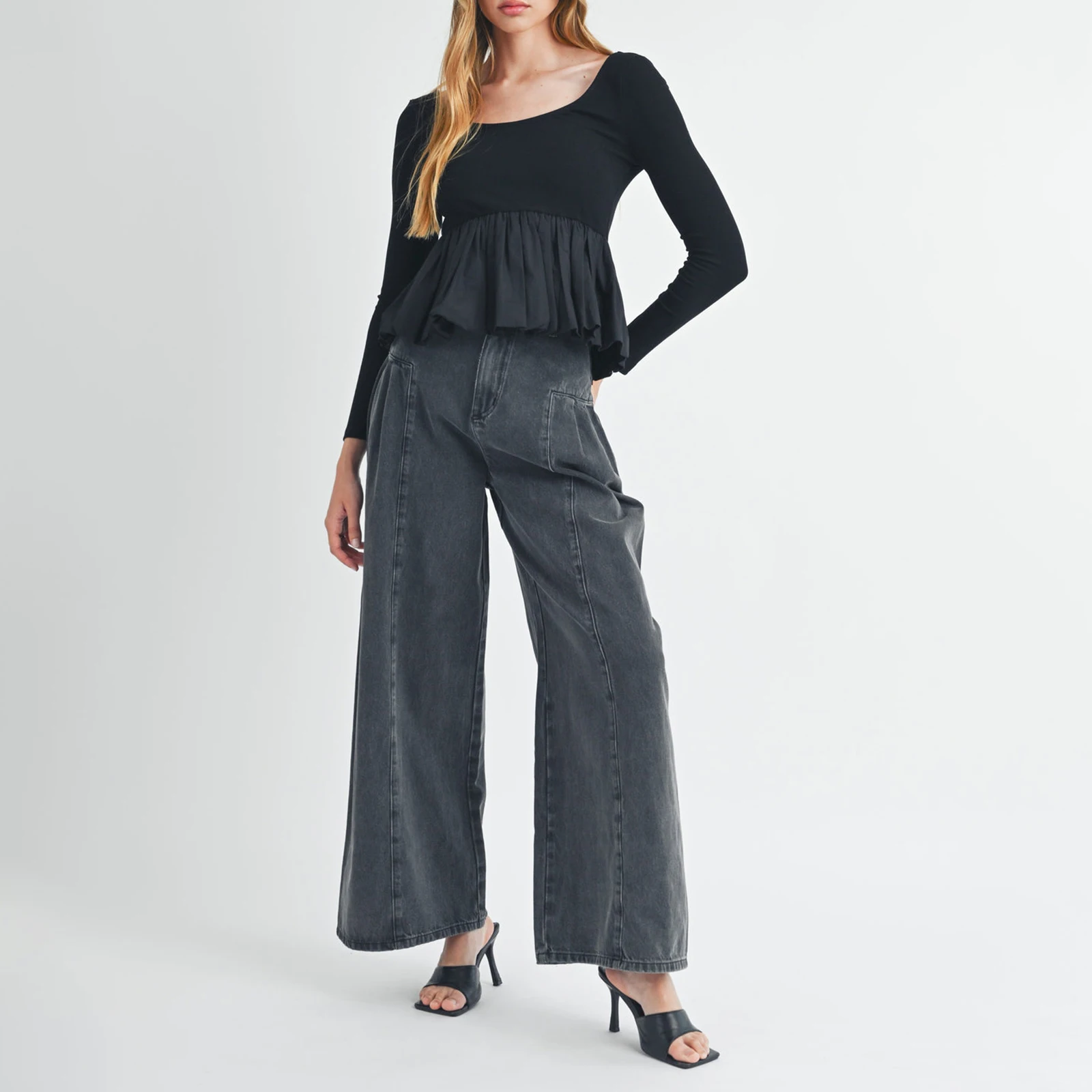 Vrouwen Peplum Tops met lange mouwen Casual effen kleur Verstoorde zoom Basic shirtblouses voor Club Streetwear Esthetische kleding