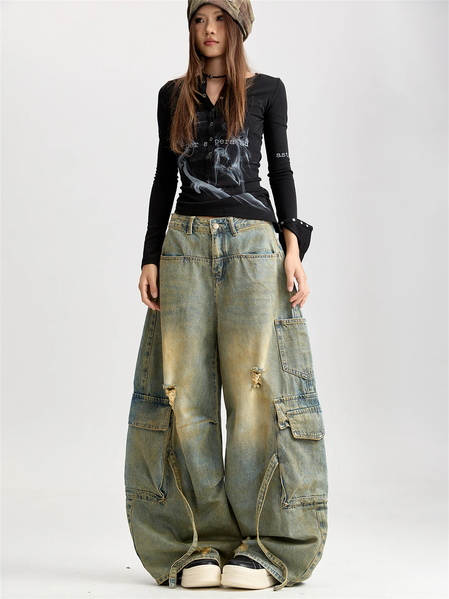 Calça jeans feminina cintura alta perna larga vintage lavada cargo angustiada rasgada multi-bolso com alças y2k streetwear calças jeans