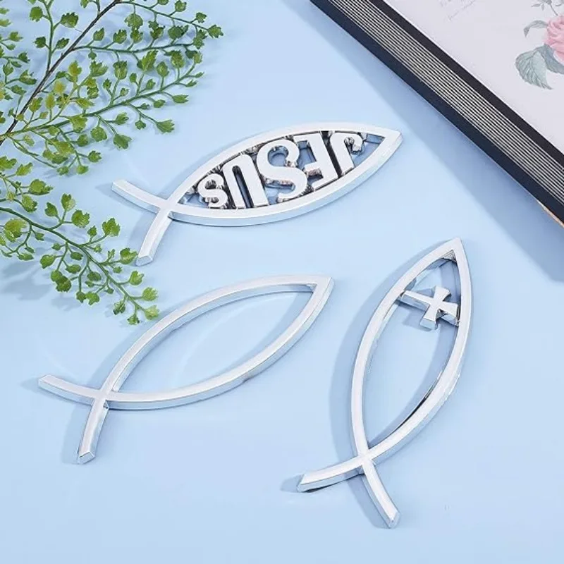 3PCS Sliver Jesus Fish Decal Sticker 5.5x1.8in Plastic Christian Fish Sticker 3 Style Christian Cross Fish Emblem