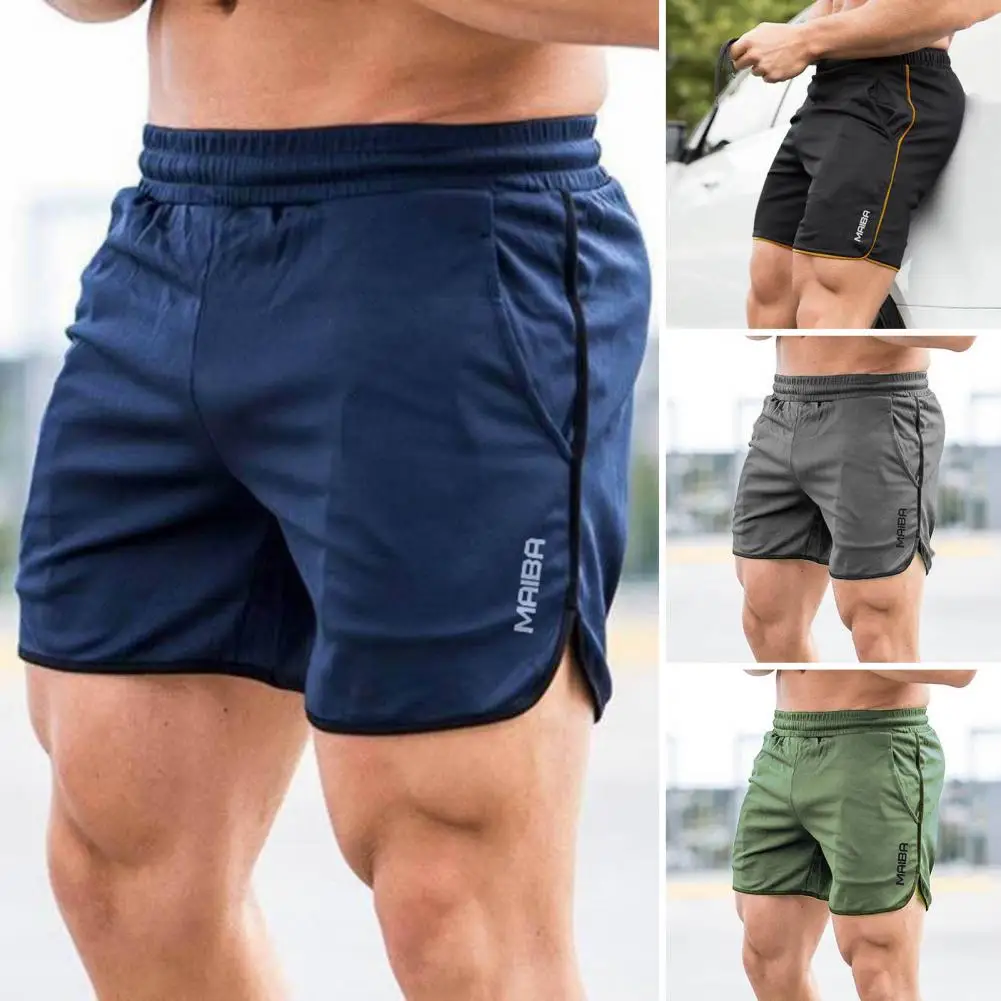 Quick-drying Men Shorts Men's Quick-dry Fitness Shorts with Side Slit Pockets Mid-rise Elastic Waist Streetwear for Active