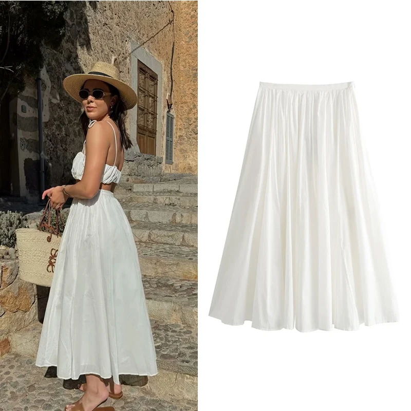 Women's Midi Skirt 2024 New Summer Fashion A-line Pleated Skirt for Women Casual Chic White Ladies Skirts