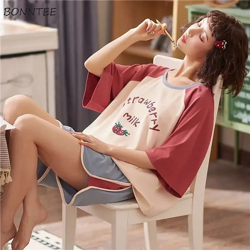 Pajama Sets Women Summer Printed Kawaii Harajuku Loose Simple Fashion Chic New Stylish Womens Pyjamas Sleepwear 2pcs Ulzzang Ins