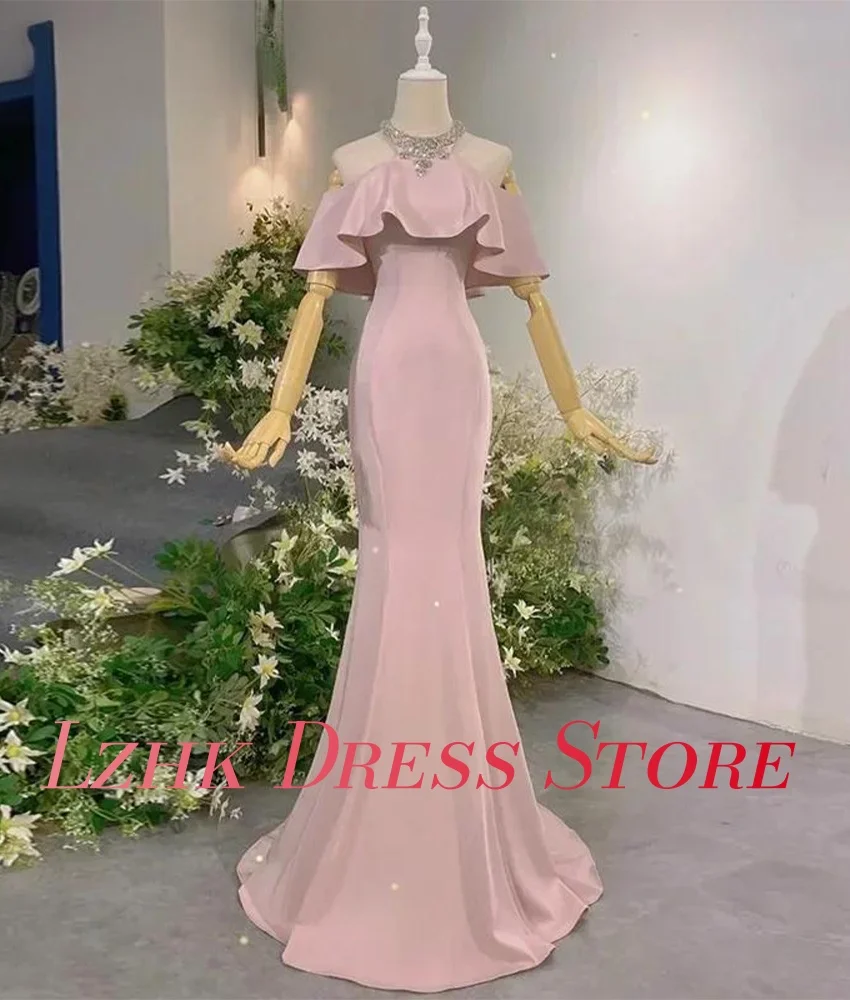 تخصيص رشيقة الساتان حورية البحر كريستال الكشكشة مساء اللباس جودة عالية قصيرة الأكمام طاقم الرقبة الطابق طول فساتين السهرة