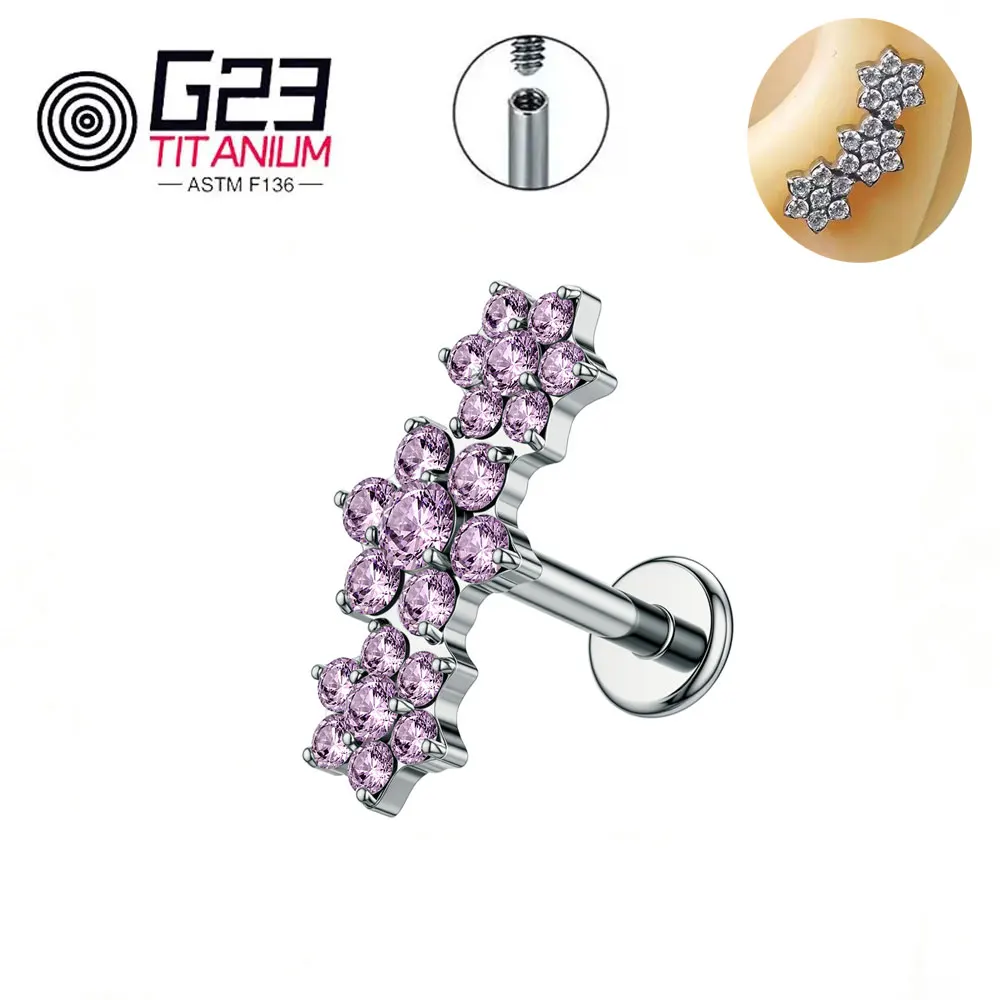 ASTM F136 Titan Dreifach-CZ-Blumencluster Labret mit Innengewinde für Tragus, Monroe, Knorpel – Detail 5